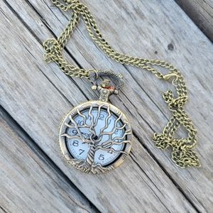 Antique Brass Tree of Life Pocket Watch Necklace Locket Unisex Pocket Watch